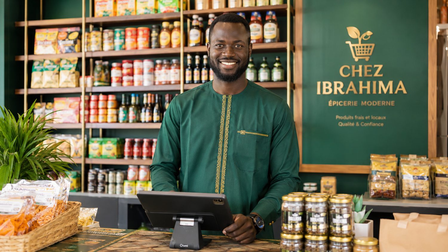 Commerçant sénégalais utilisant le logiciel de caisse Baol Caisse sur tablette dans sa boutique à Dakar