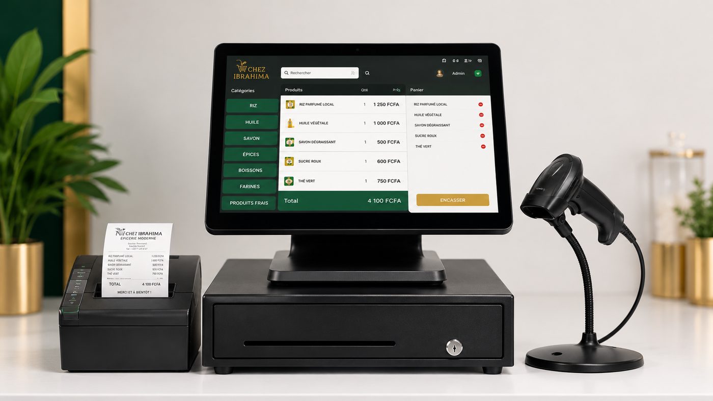 Pack matériel complet Baol Caisse : écran tactile, imprimante ticket, tiroir-caisse et lecteur code-barres